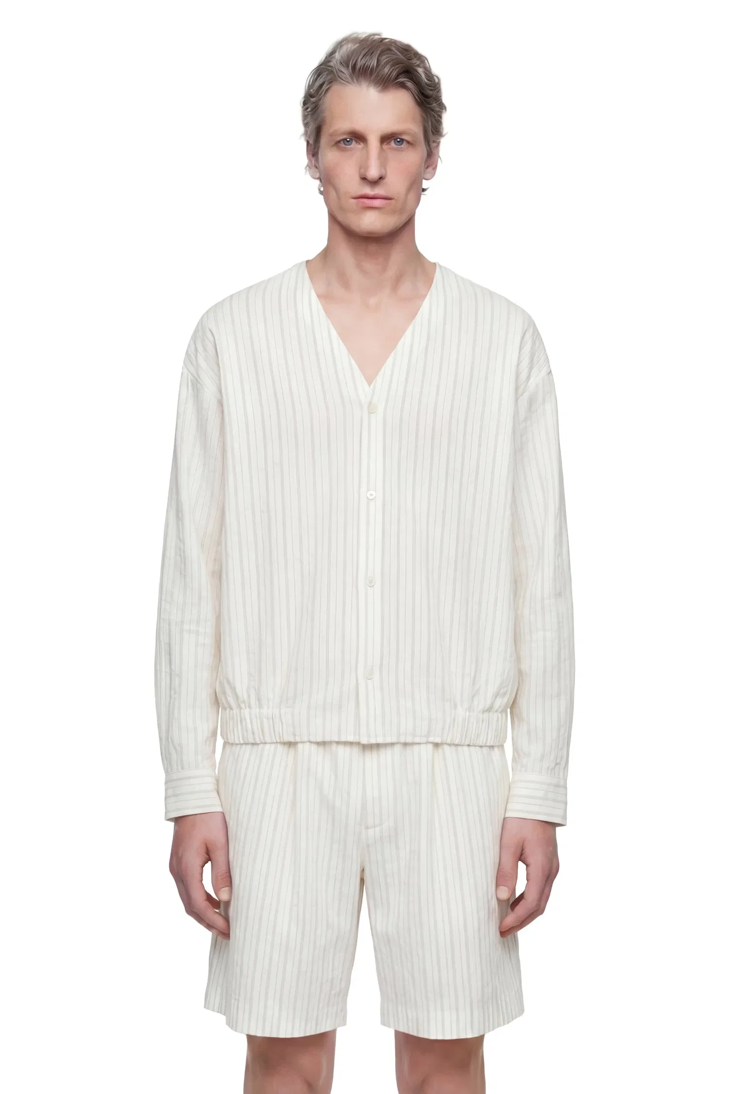 Hed Mayner Pinstriped V-Neck Shirt in Linen Cotton Poplin