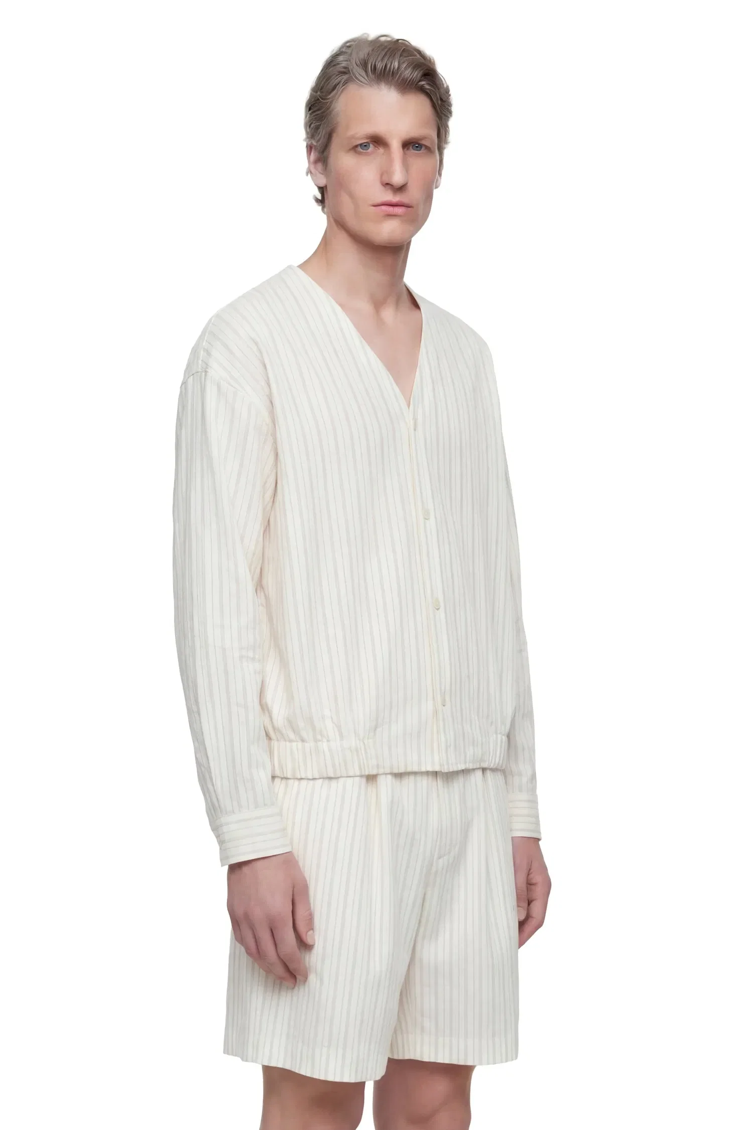 Hed Mayner Pinstriped V-Neck Shirt in Linen Cotton Poplin