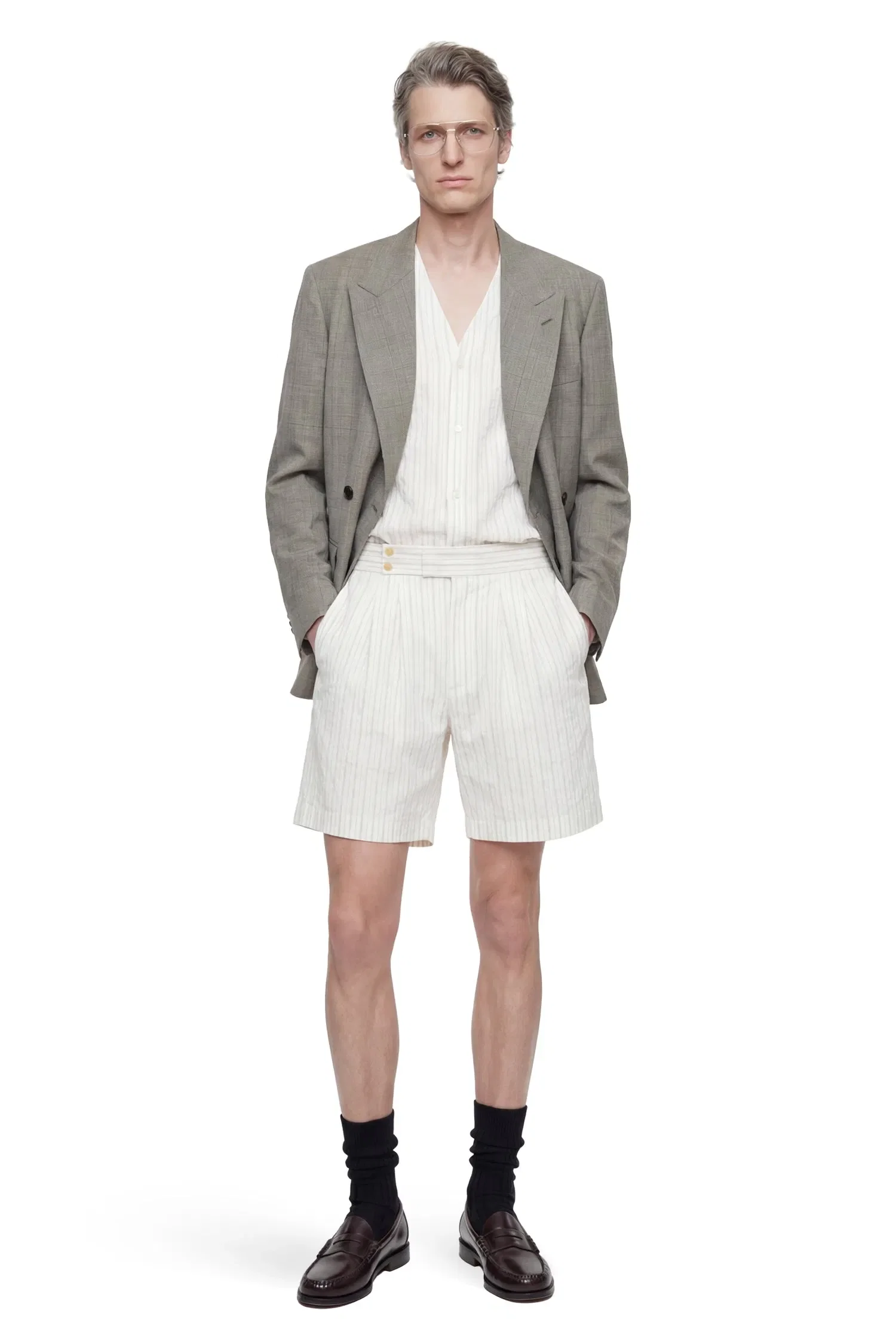 Hed Mayner Pinstriped V-Neck Shirt in Linen Cotton Poplin