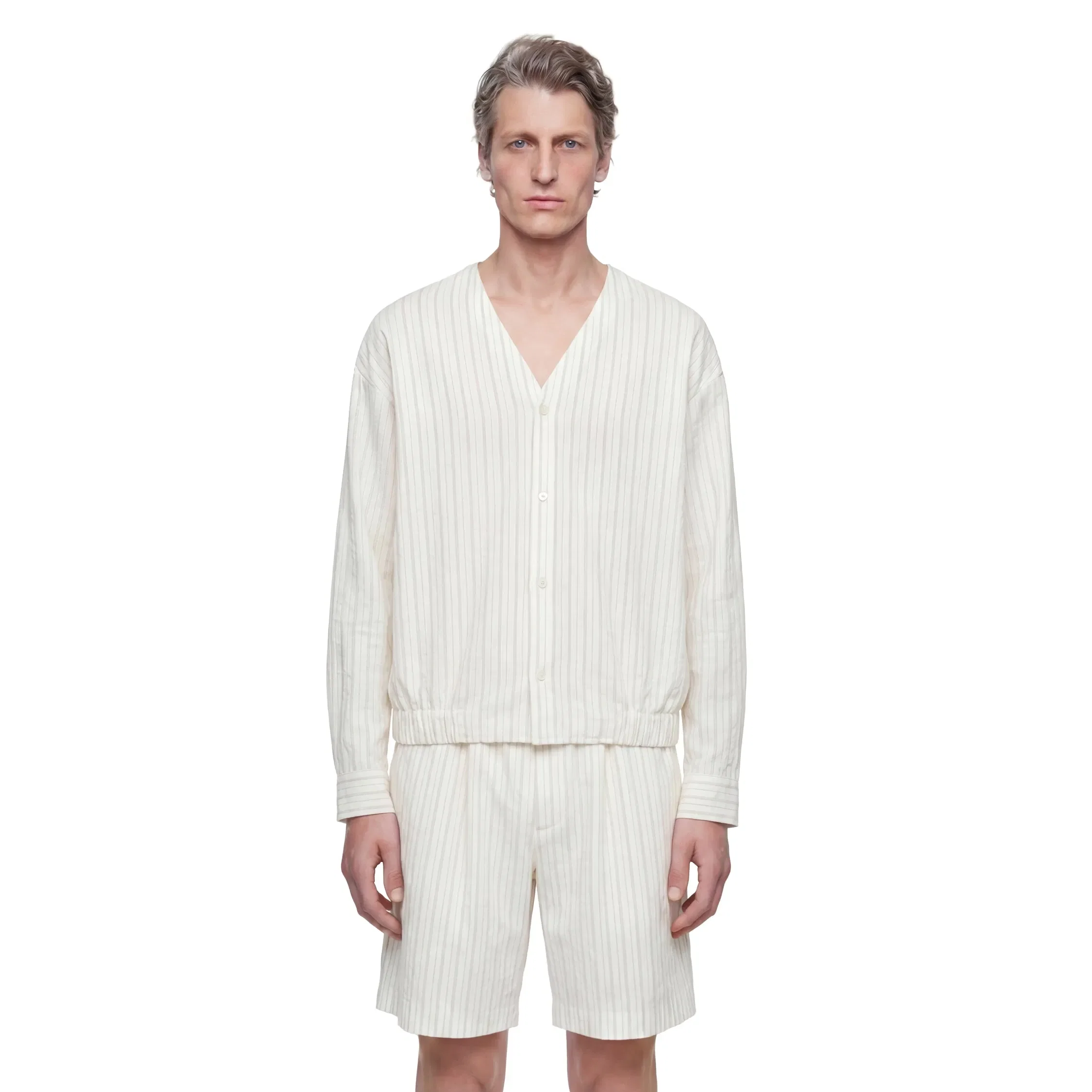 Hed Mayner Pinstriped V-Neck Shirt in Linen Cotton Poplin