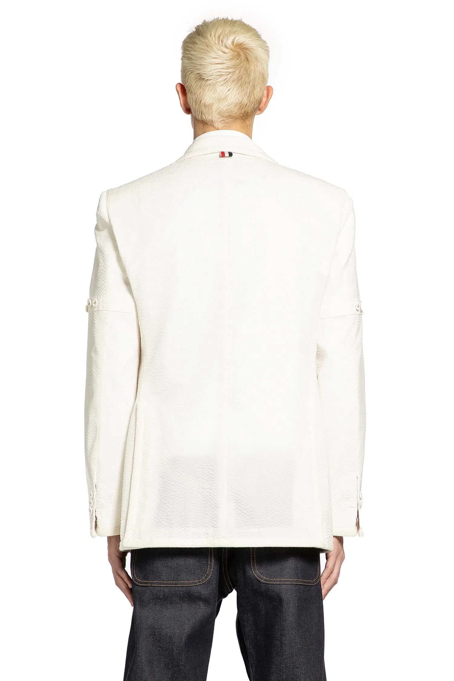 Thom Browne Wide Shoulder Blazer in Wool Seersucker