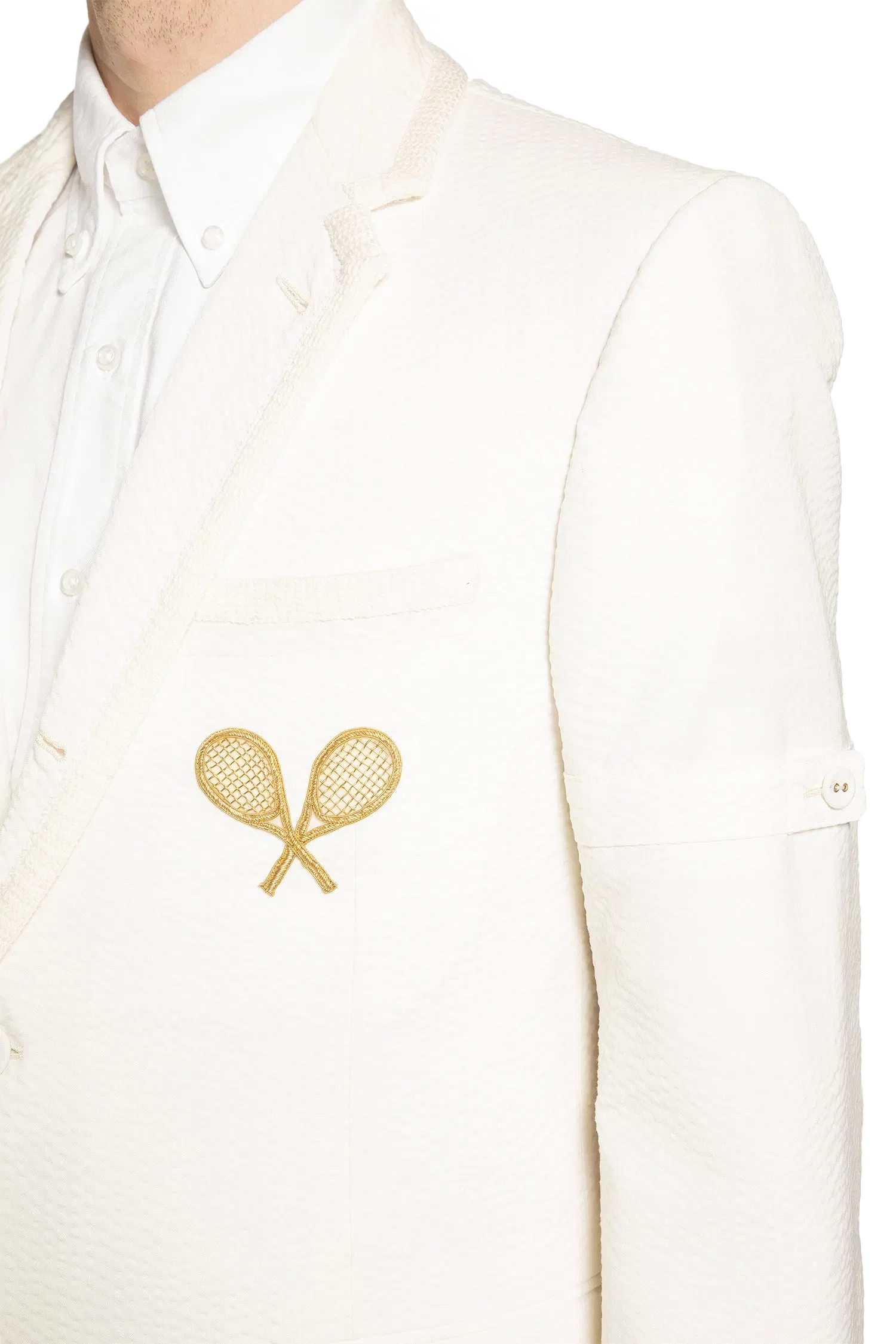 Thom Browne Wide Shoulder Blazer in Wool Seersucker