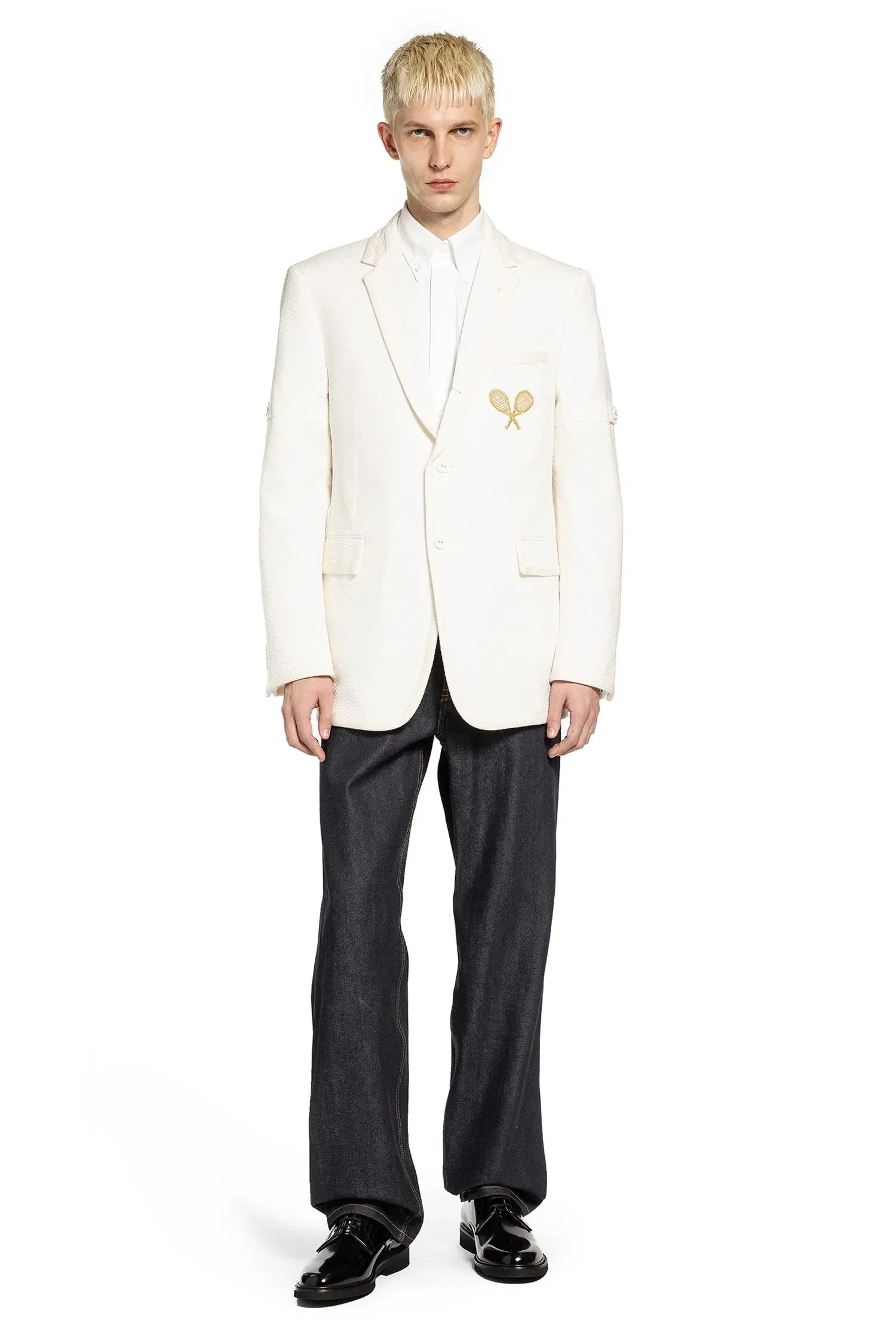 Thom Browne Wide Shoulder Blazer in Wool Seersucker