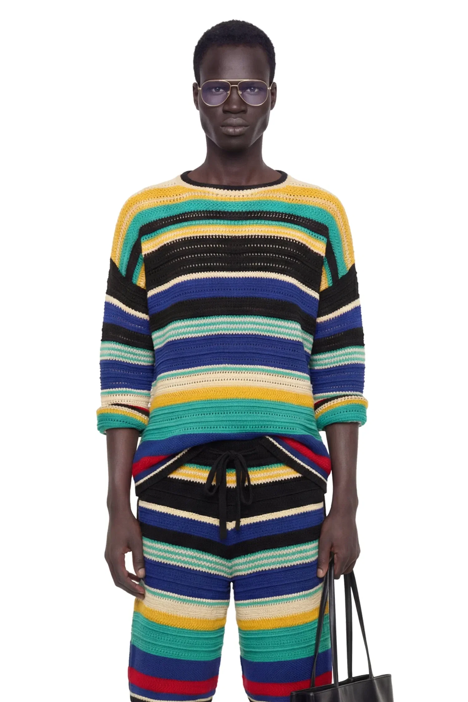 Laneus Striped Crochet Knit Sweater