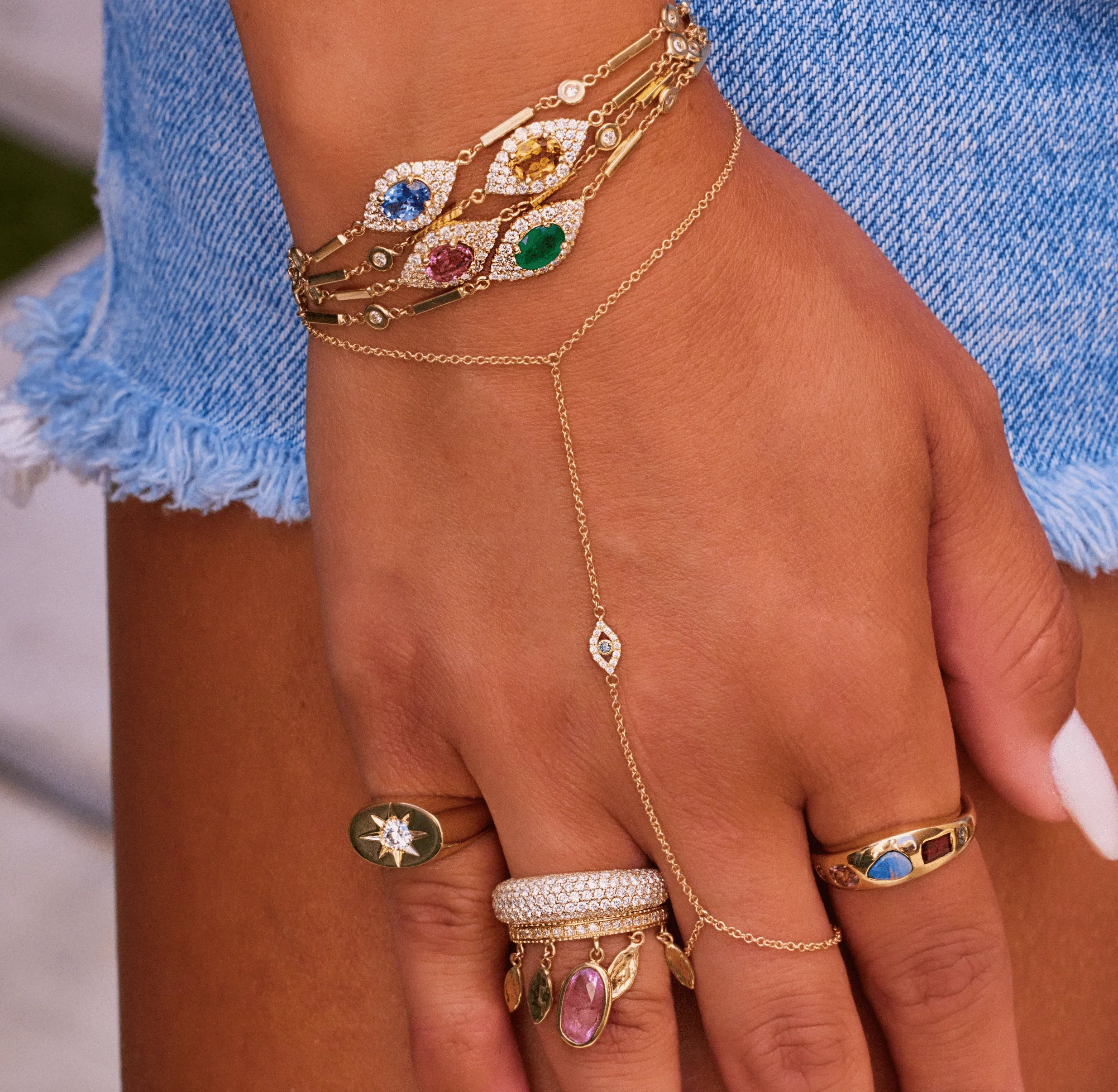 Jacquie Aiche 14K Yellow Gold Pink Tourmaline & Diamond Evil Eye Bracelet - JA_PTB