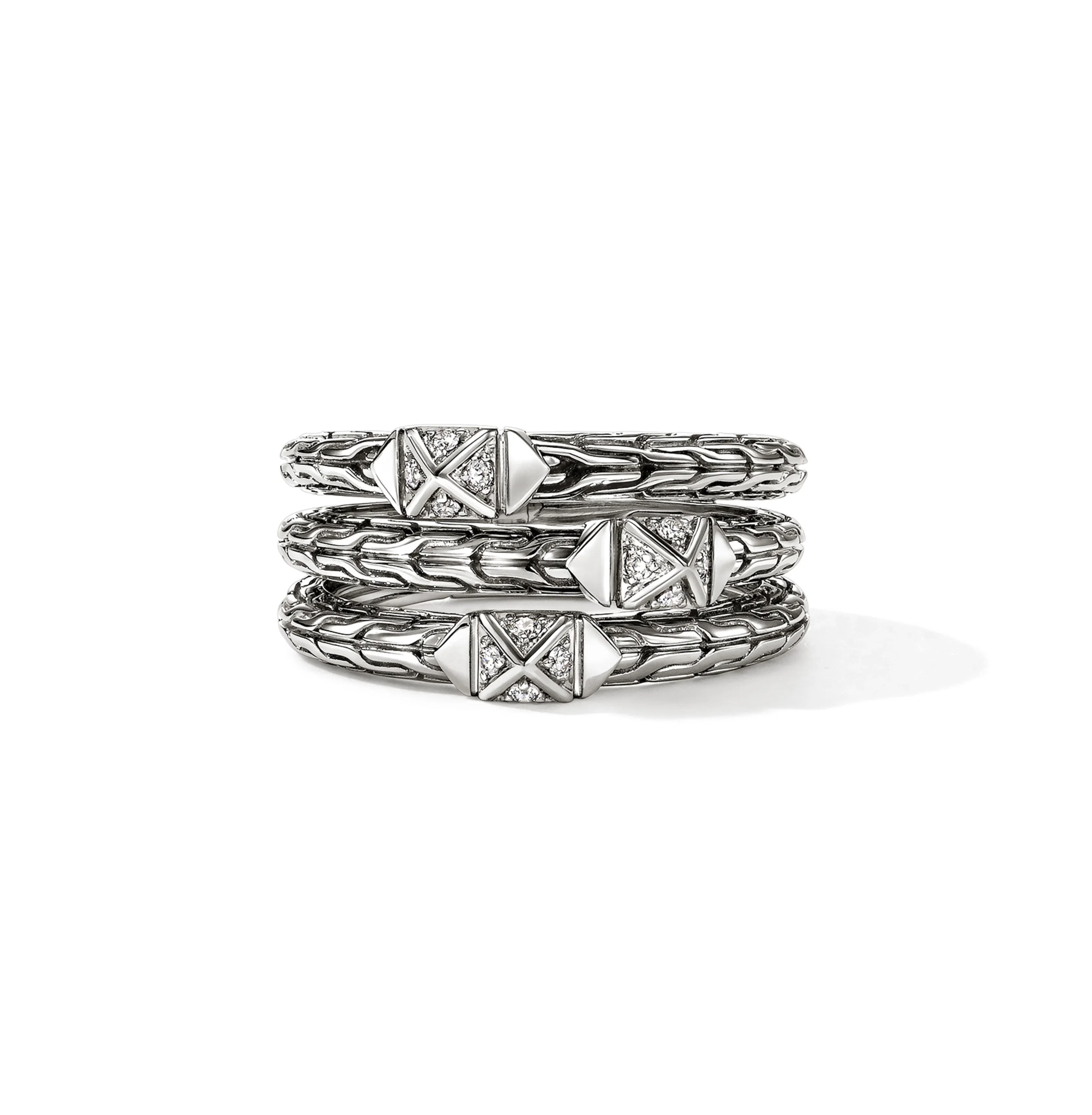 John Hardy Icon Stud Sterling Silver Pyramidal Diamond Triple Row Ring