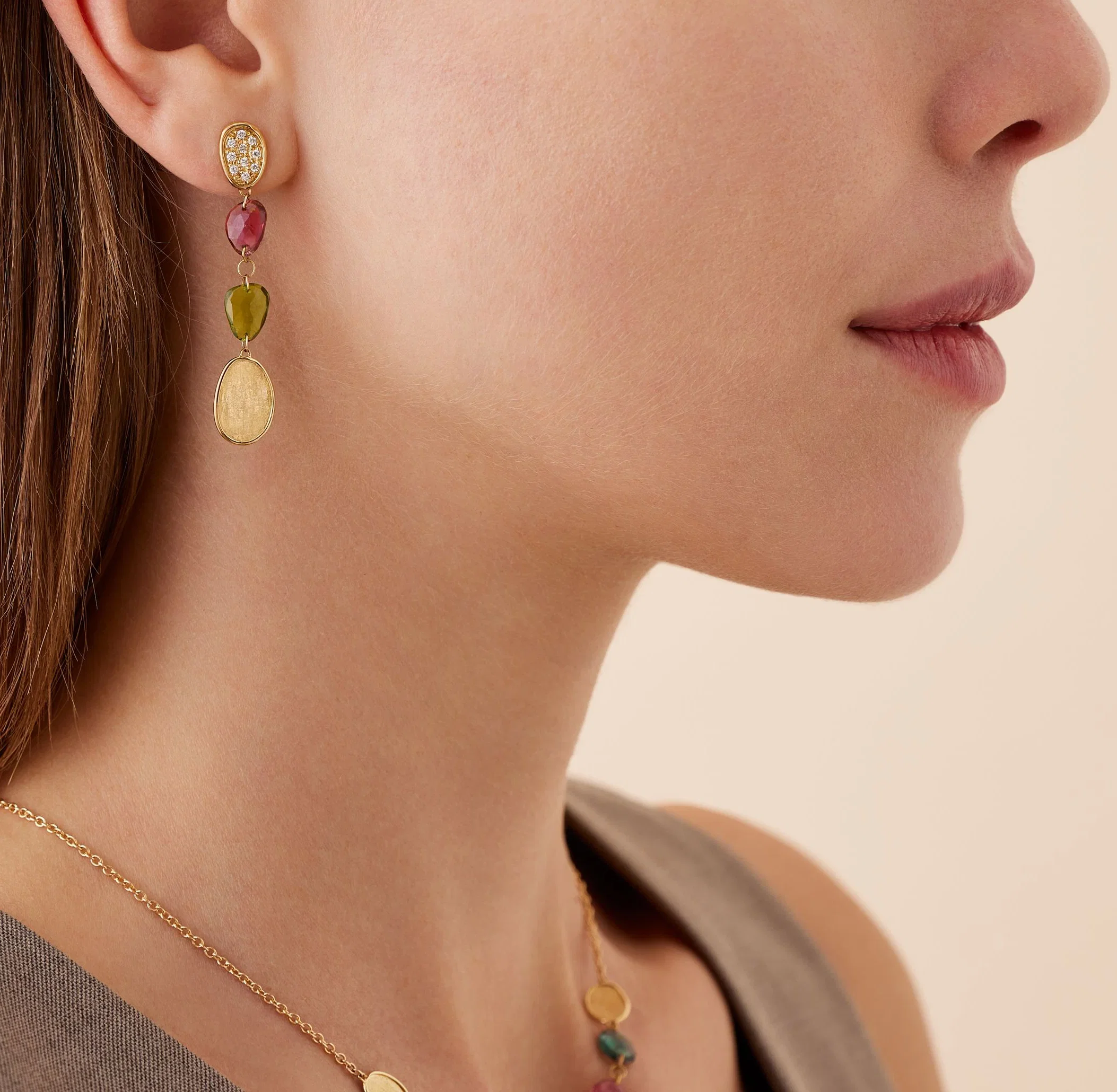 Marco Bicego Lunaria Tourmaline Multicolor and Diamond Cluster Dangle Earrings