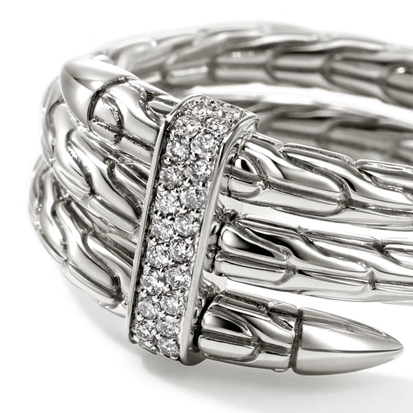 John Hardy Spear Sterling Silver Pave Diamond Double Coil Ring