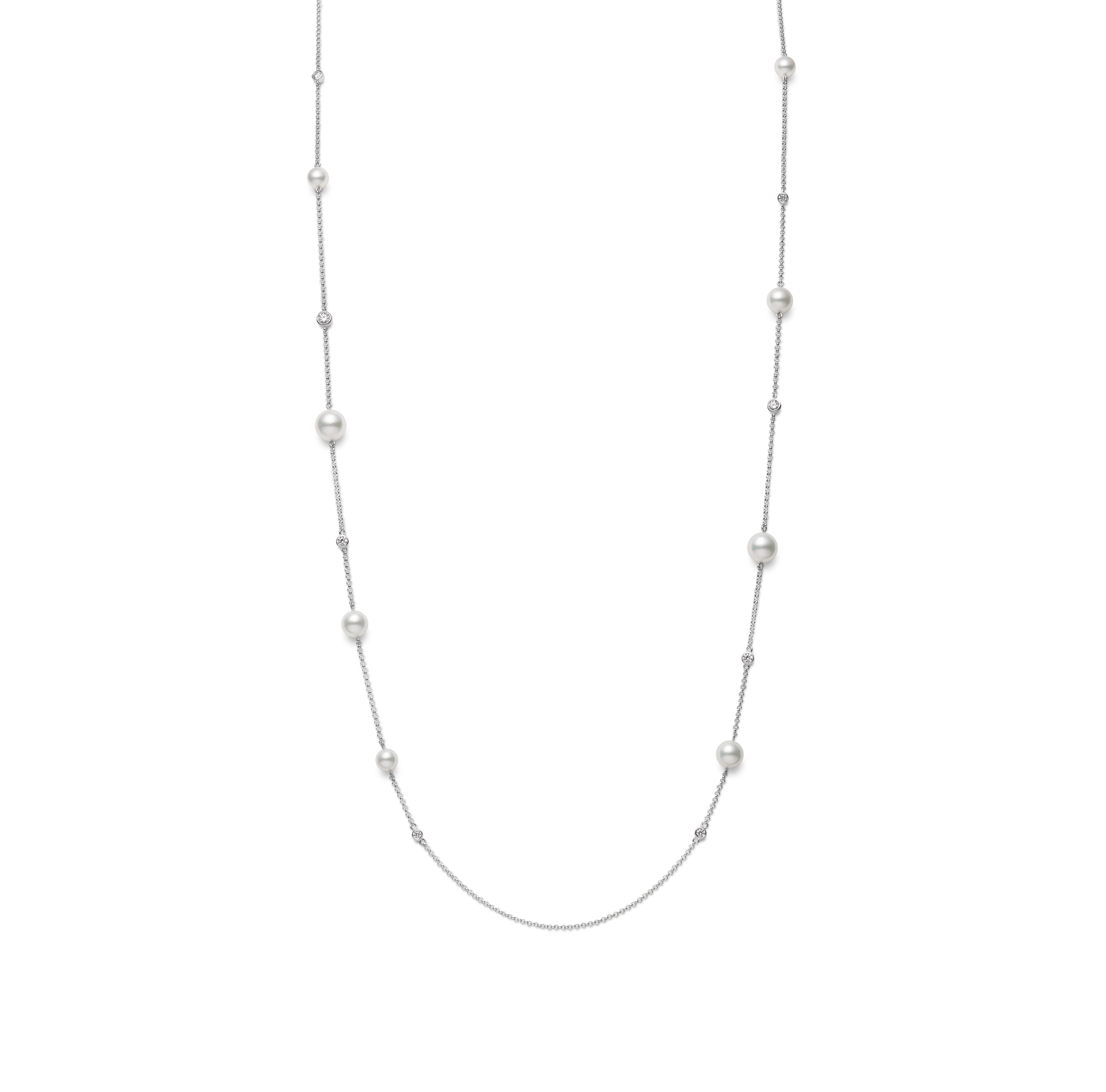Mikimoto White Gold Akoya A+ Pearl and Diamond Station Necklace