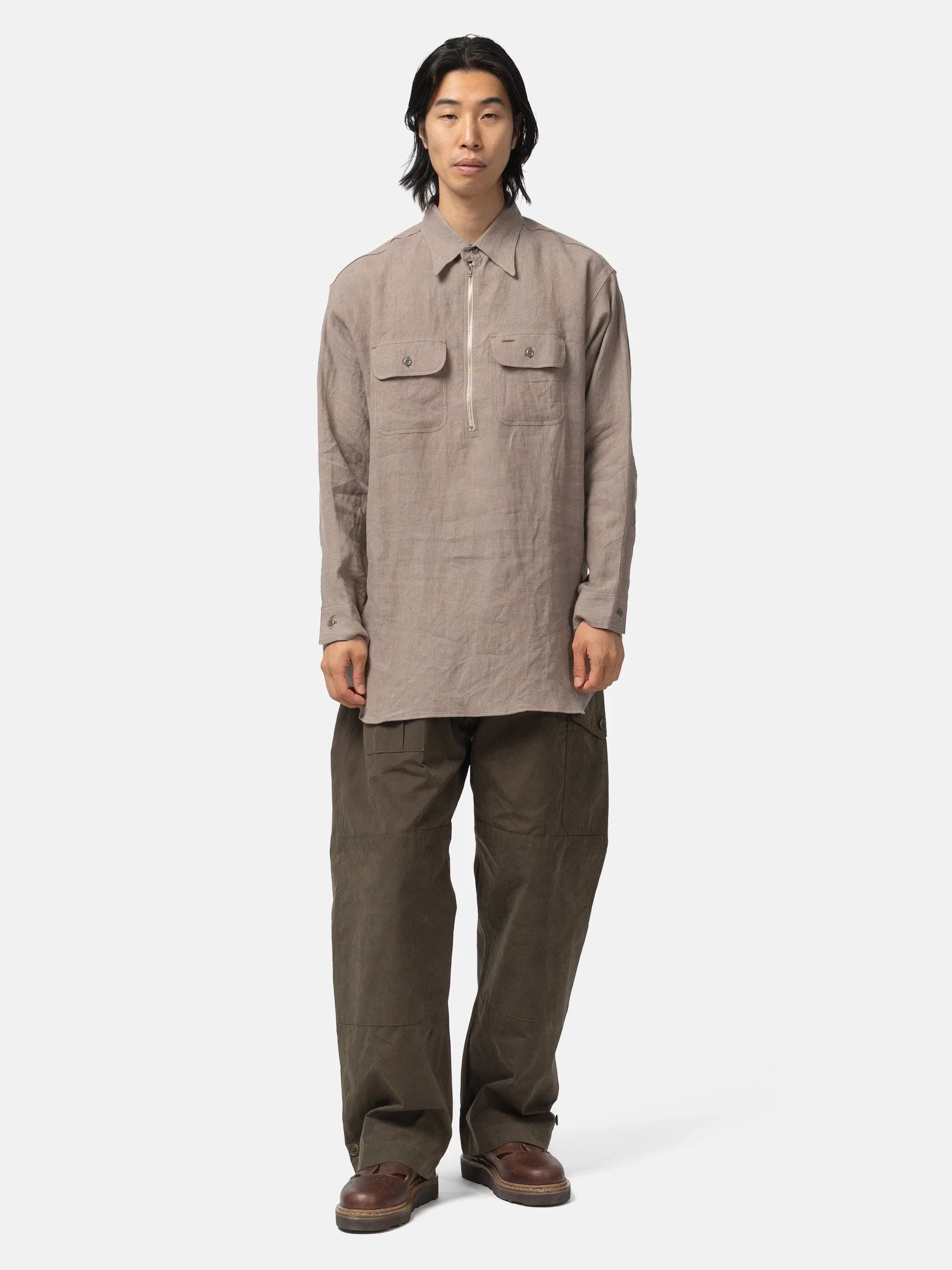 Needles Half Zip Work Shirt - Brushed Linen Canvas Taupe