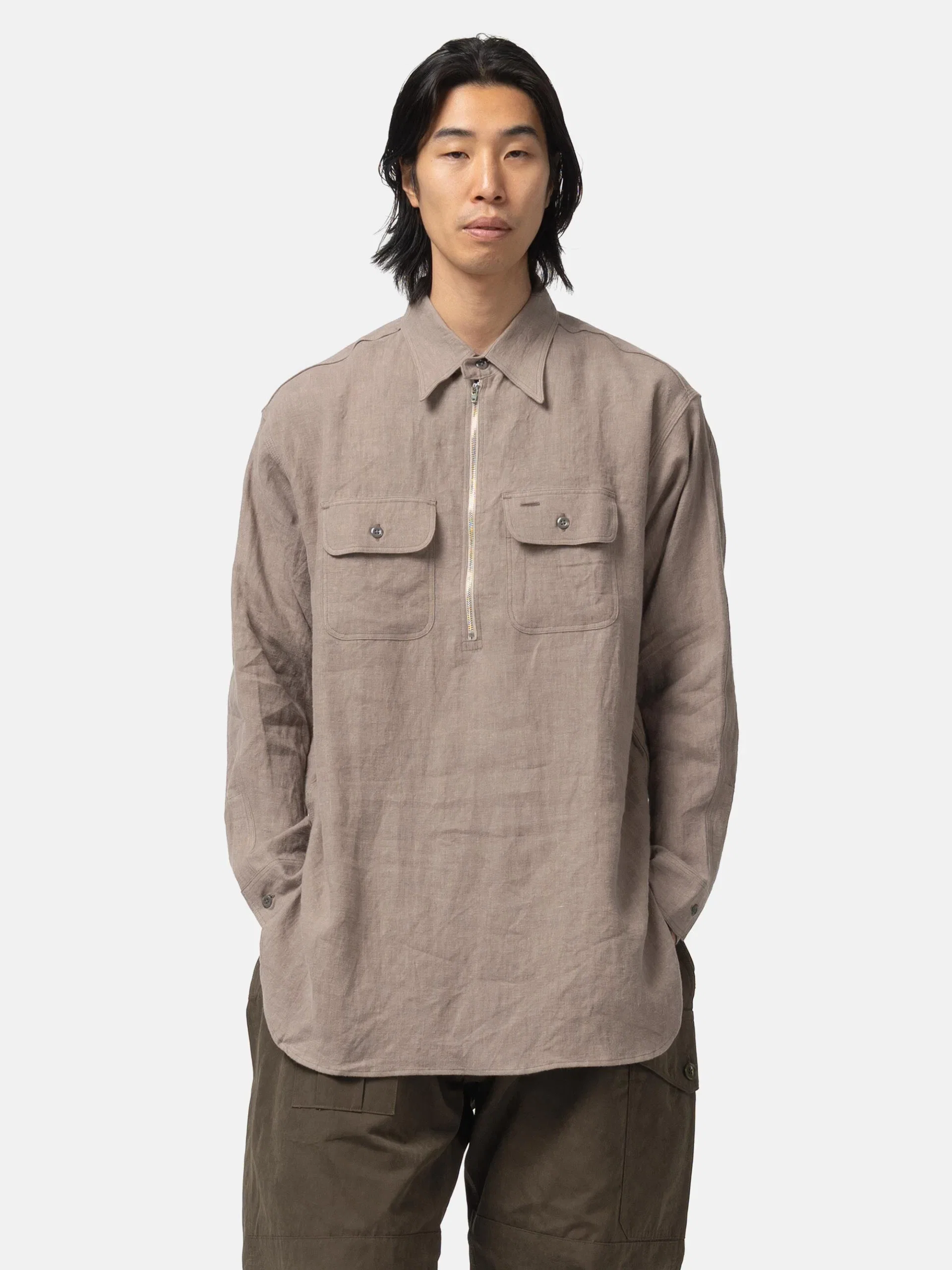 Needles Half Zip Work Shirt - Brushed Linen Canvas Taupe