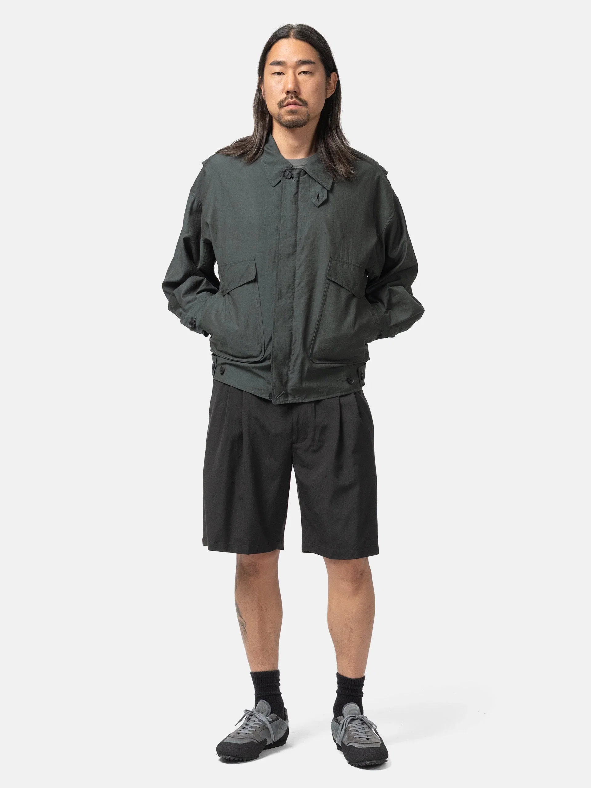 Yoke Wool Washer Tropical 2Pleated Easy Shorts Carbon