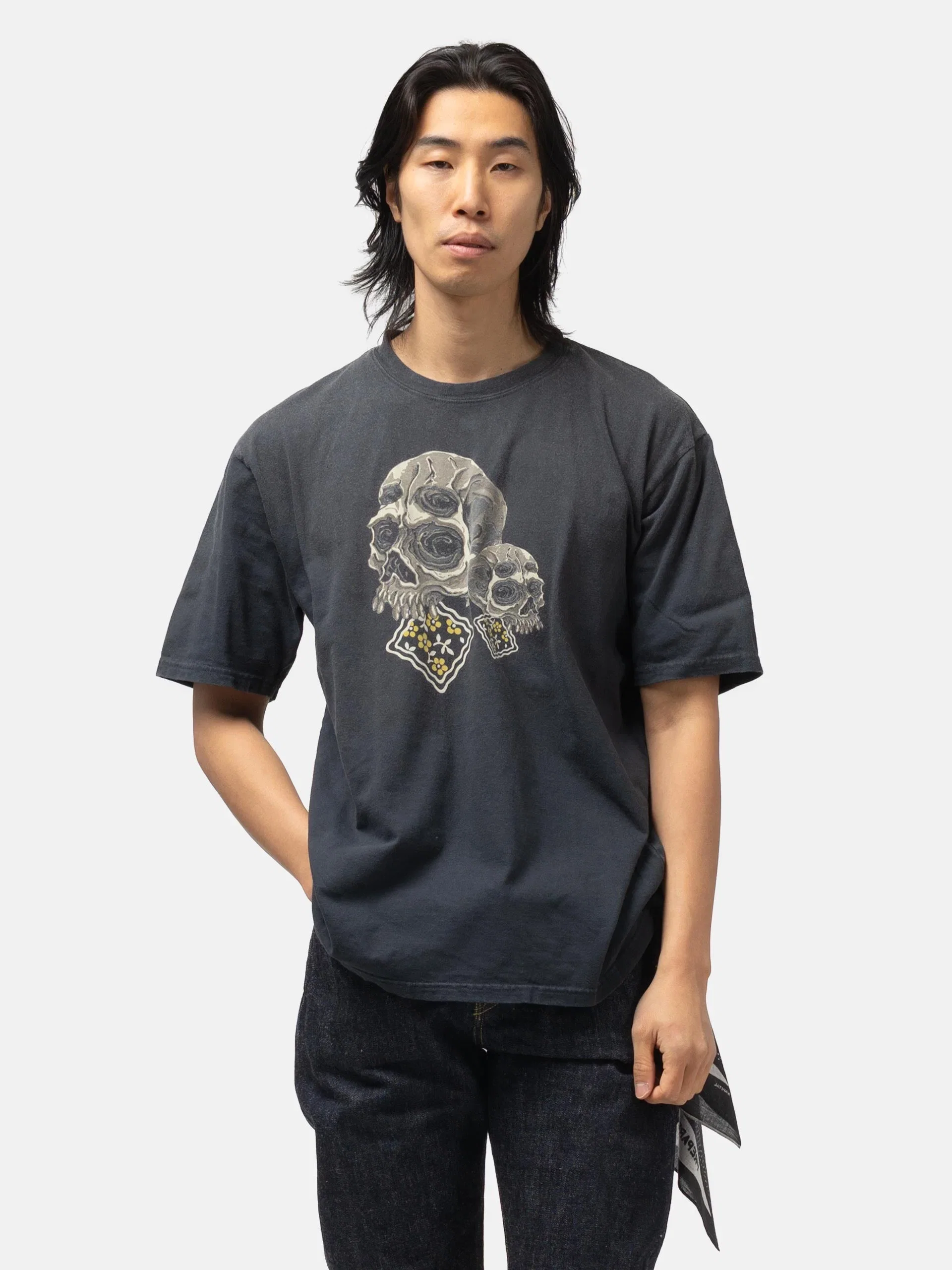 KAPITAL 20-/-Jersey Crew T (PECKISH Rain Skull) Black