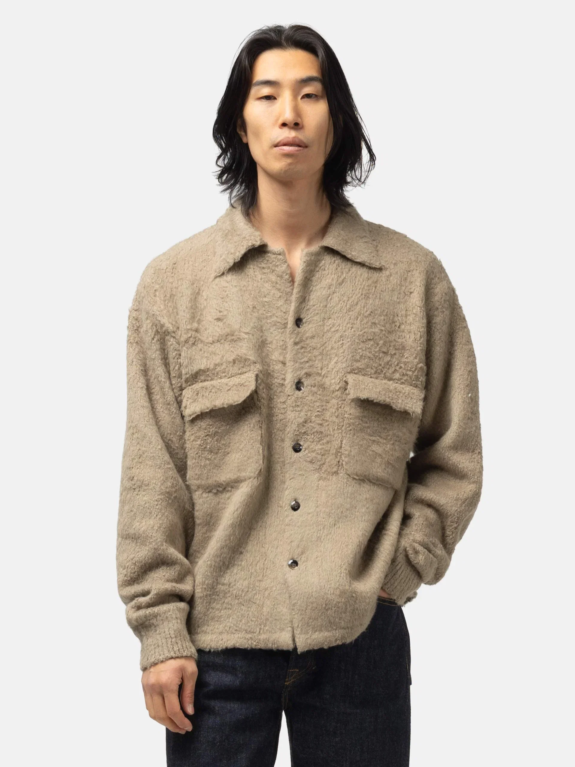 KAPITAL 7G Shaggy Knit Board Shirt Beige Khaki
