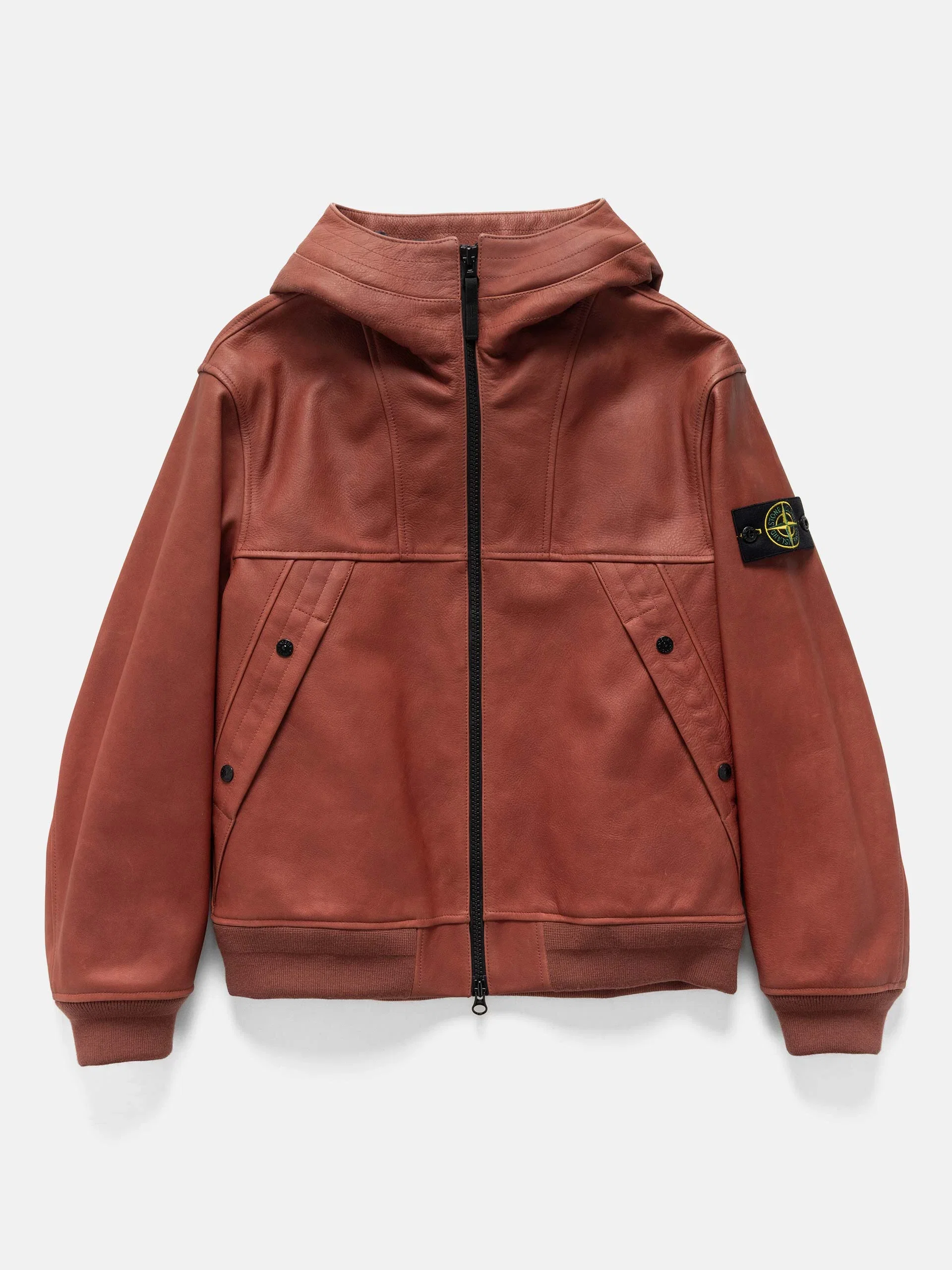 Stone Island Textured Leather Hooded Jacket Brick Red