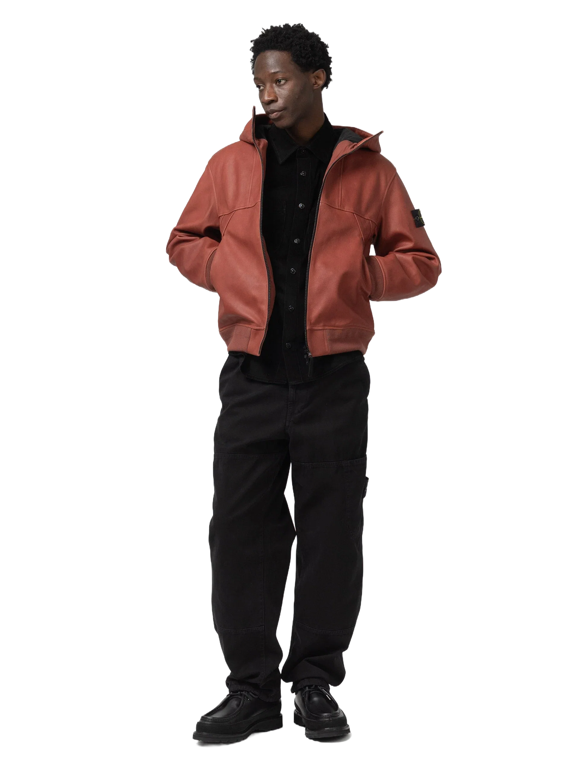 Stone Island Textured Leather Hooded Jacket Brick Red