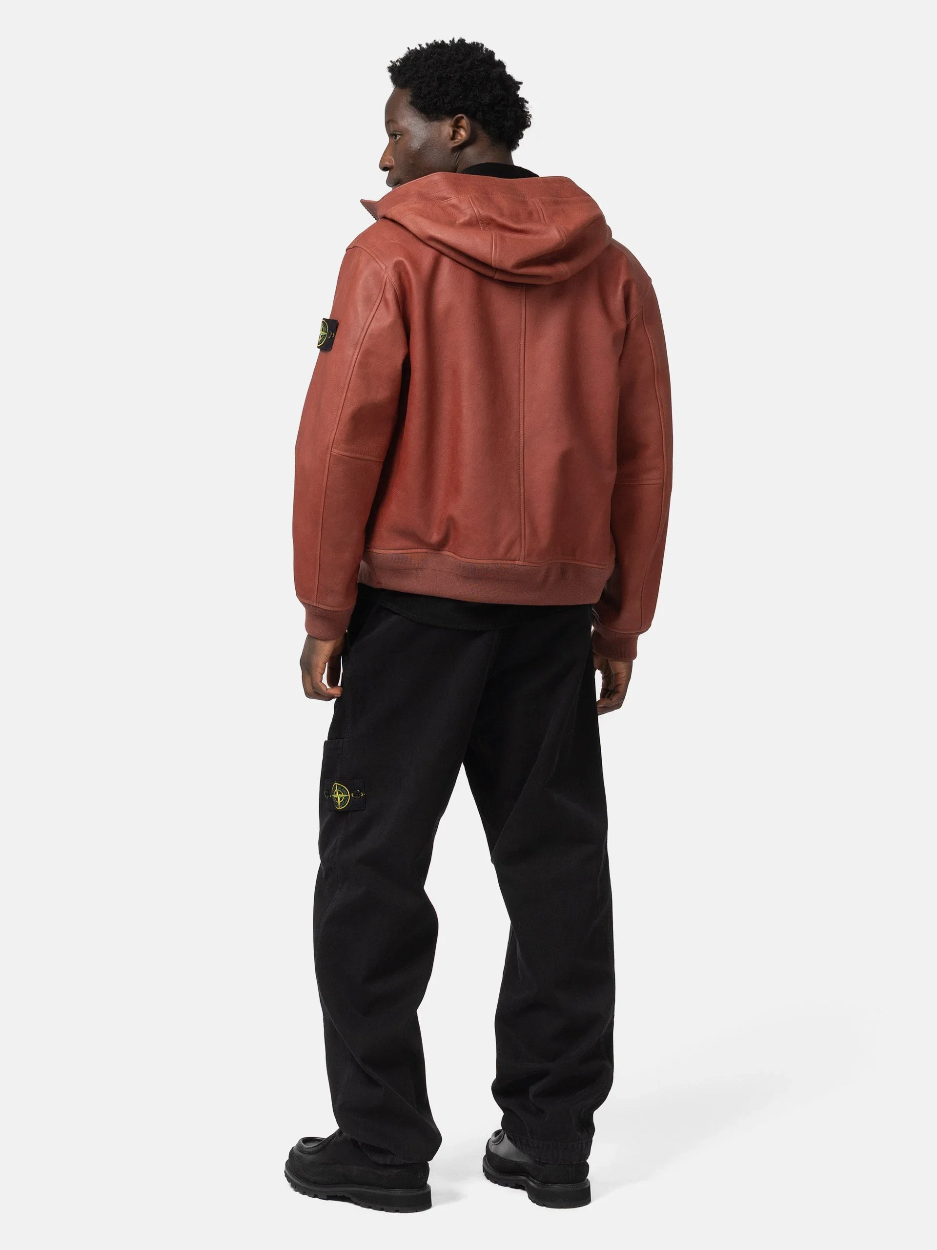Stone Island Textured Leather Hooded Jacket Brick Red