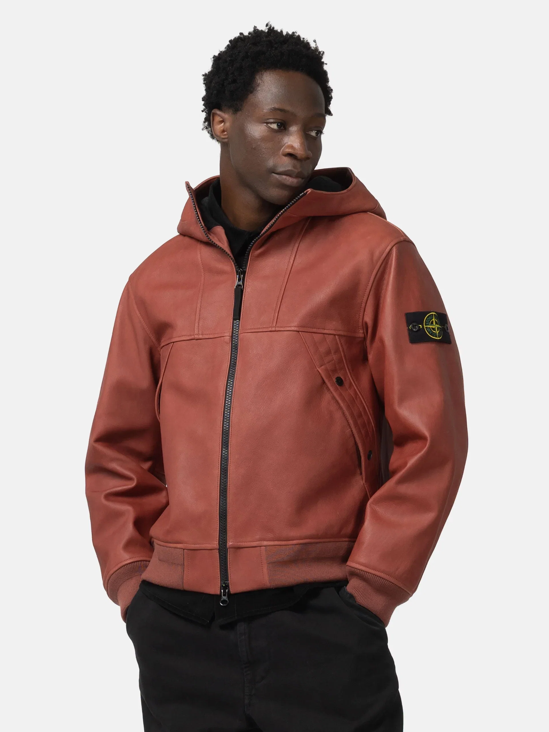 Stone Island Textured Leather Hooded Jacket Brick Red