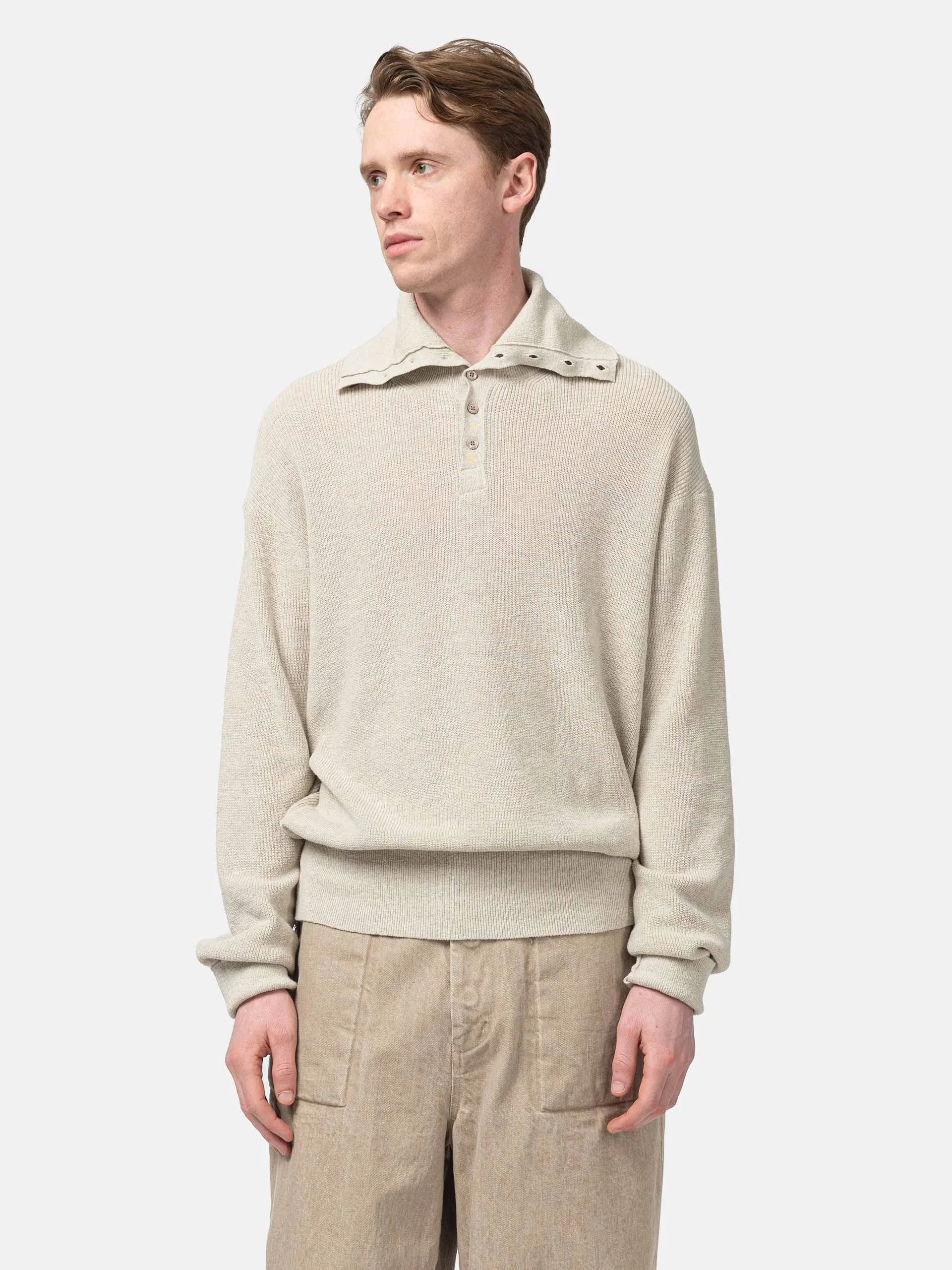Yoke Highneck Henley Rib Sweater Ivory