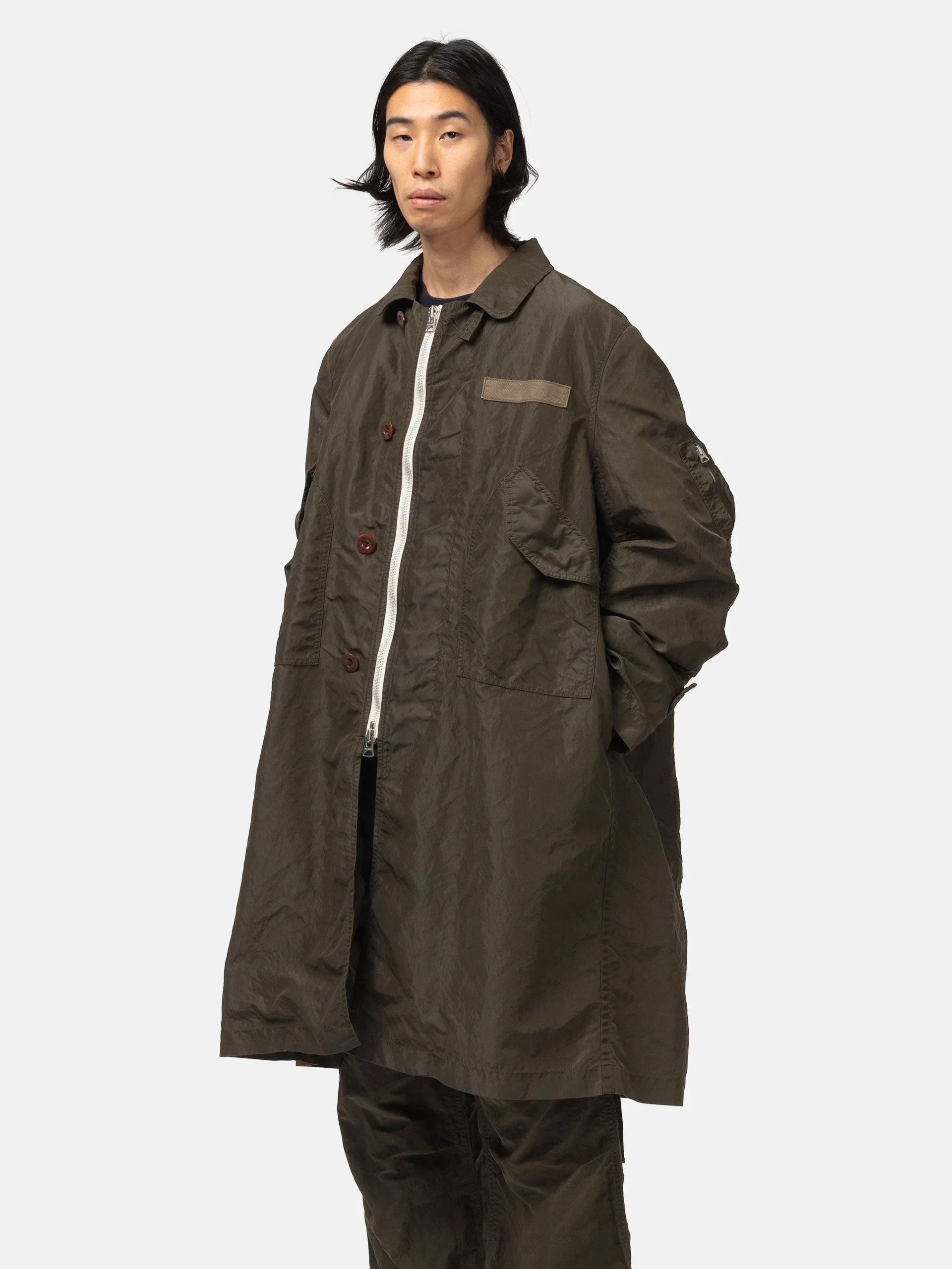 Sacai Treated Nylon Twill Coat Khaki