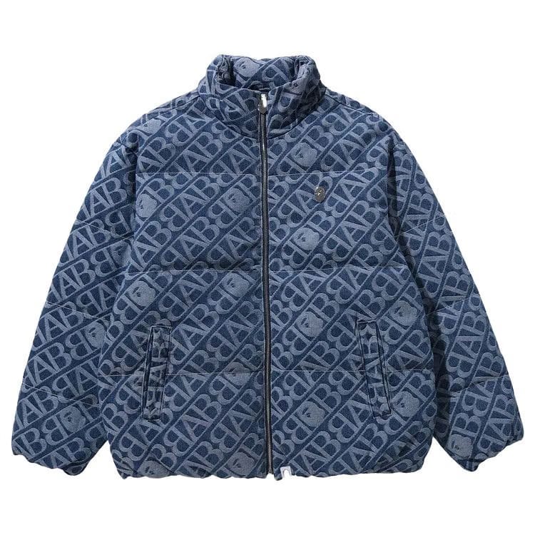 BAPE Denim Monogram Puffer Down Jacket Blue