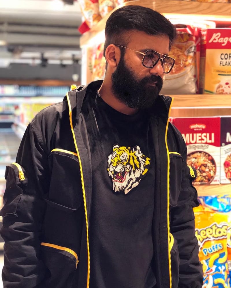 Black velvet sweatshirt with hand beaded tiger motif