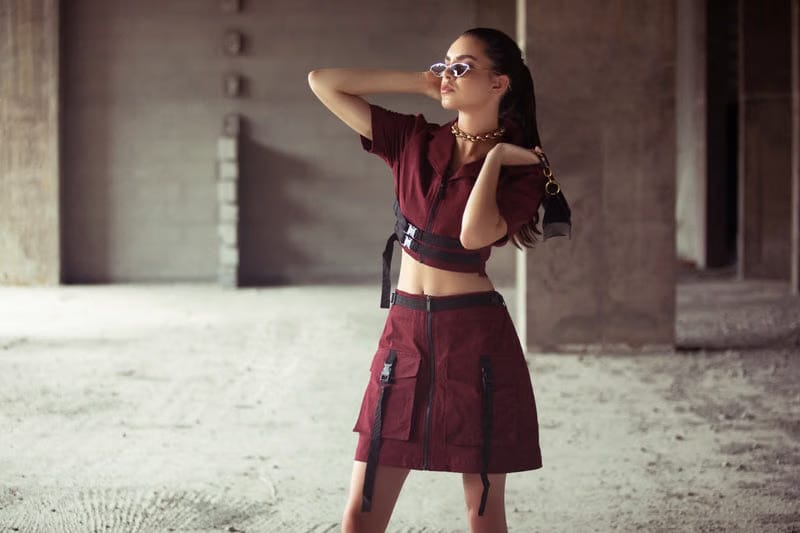 Burgundy buckled crop top with pocket zipper skirt set