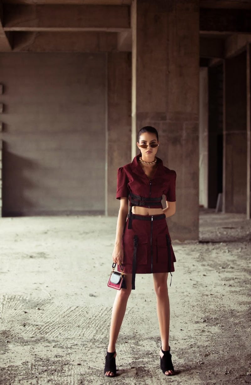Burgundy buckled crop top with pocket zipper skirt set