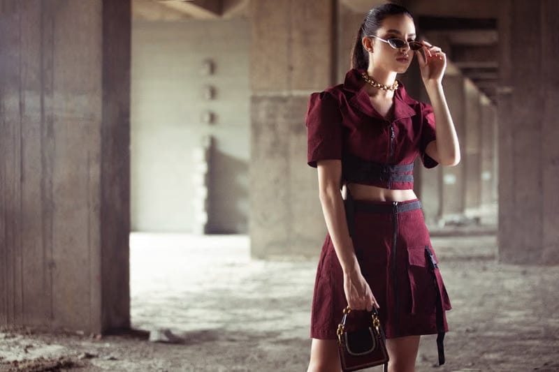 Burgundy buckled crop top with pocket zipper skirt set