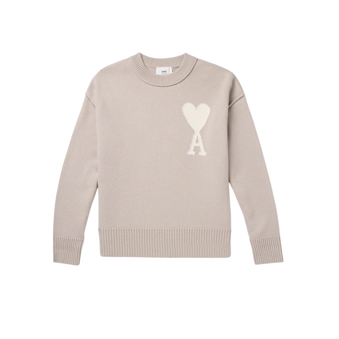 AMI PARIS Logo Intarsia Virgin Wool Sweater Neutrals