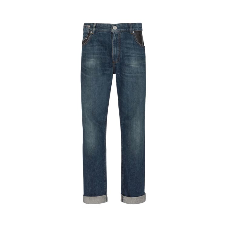 Balmain Leather Pocket Regular Denim Pants Blue