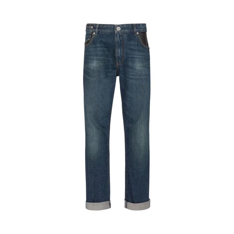 Balmain Leather Pocket Regular Denim Pants Blue