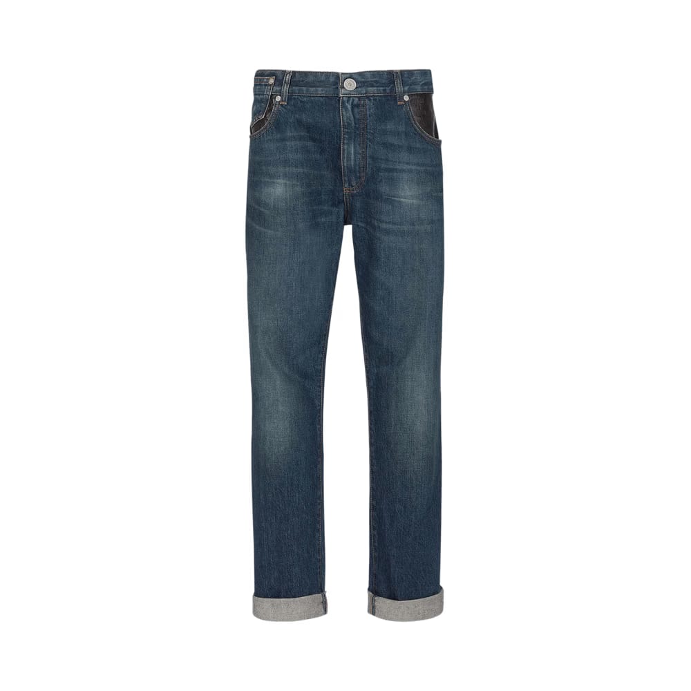 Balmain Leather Pocket Regular Denim Pants Blue