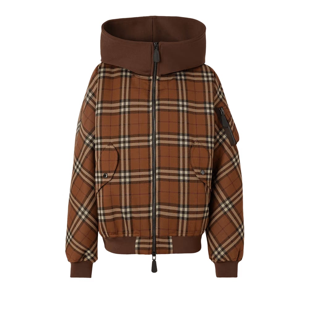 Burberry Check Jacquard Hooded Bomber Jacket Brown