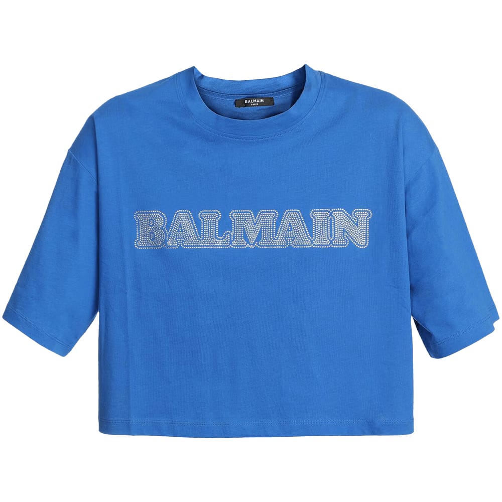 Balmain Cropped Rhinestone T-Shirt Cobalt/Crystal