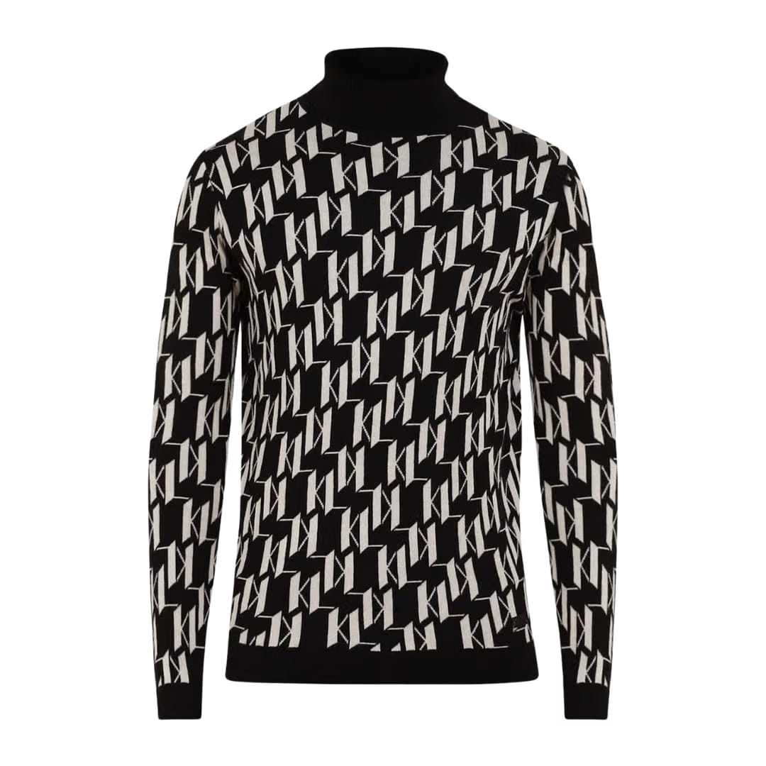 Men Black All-Over KL Knitted Turtle Neck Pullover
