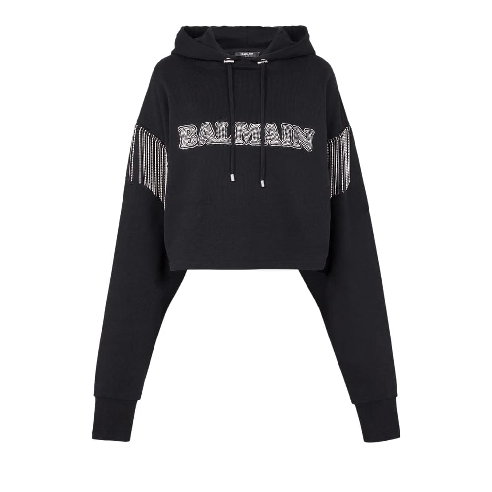 Balmain Embellished Cropped Hoodie Black/Crystal