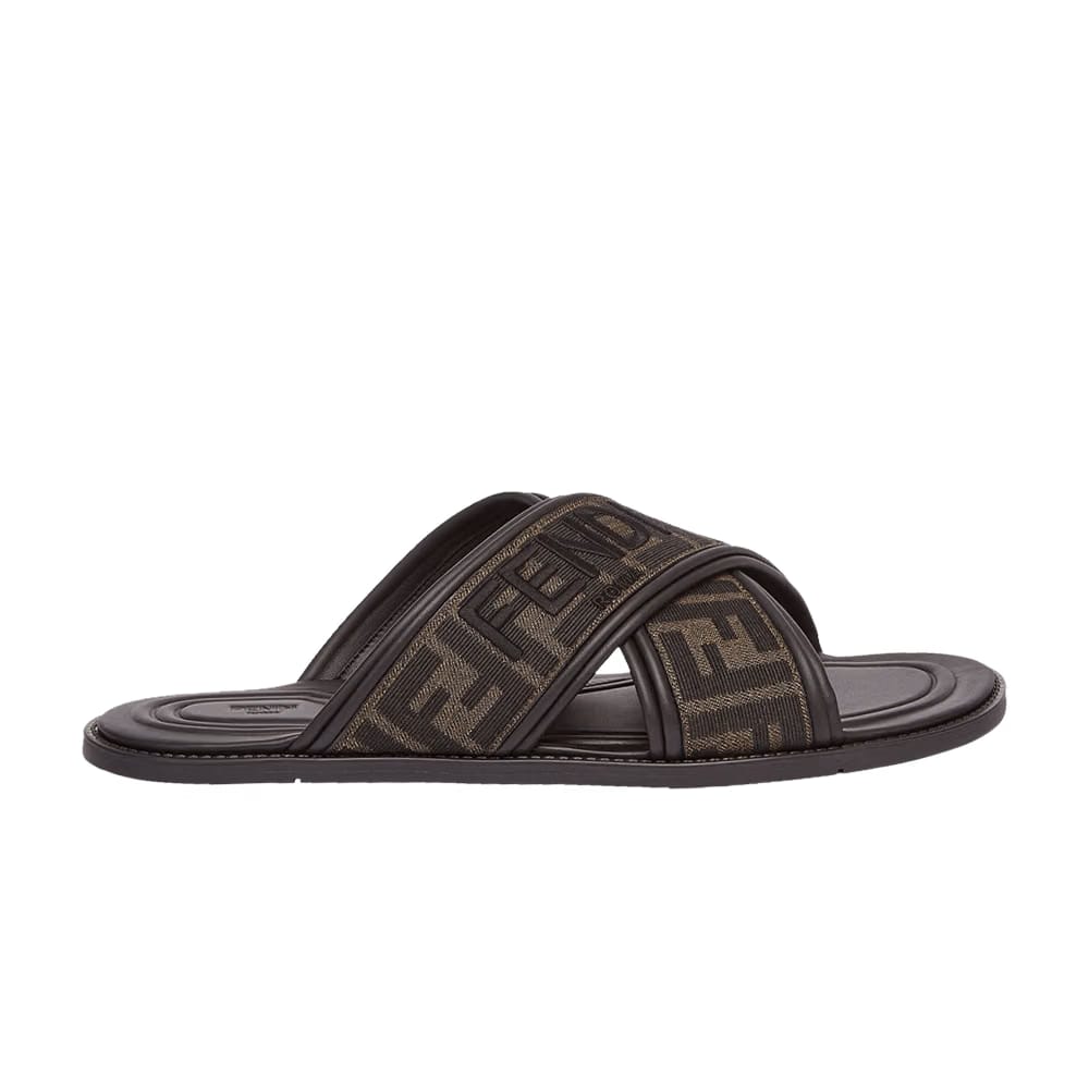Fendi FF Motif Fabric Slide Embroidered Logo - Tobacco