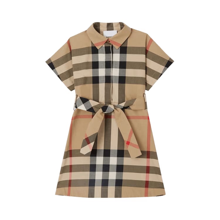 Burberry Kids Check Tied Waist Shirt Dress Archive Beige