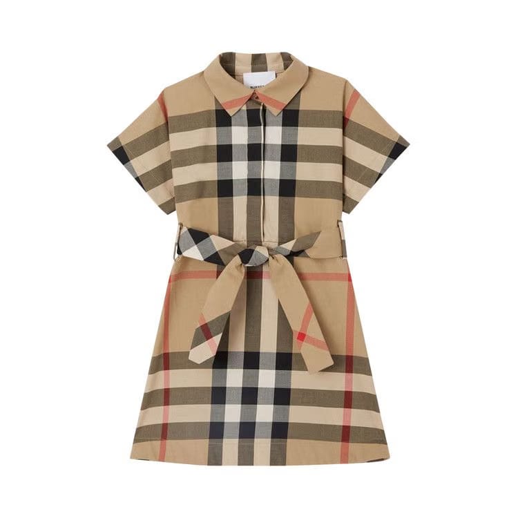 Burberry Kids Check Tied Waist Shirt Dress Archive Beige