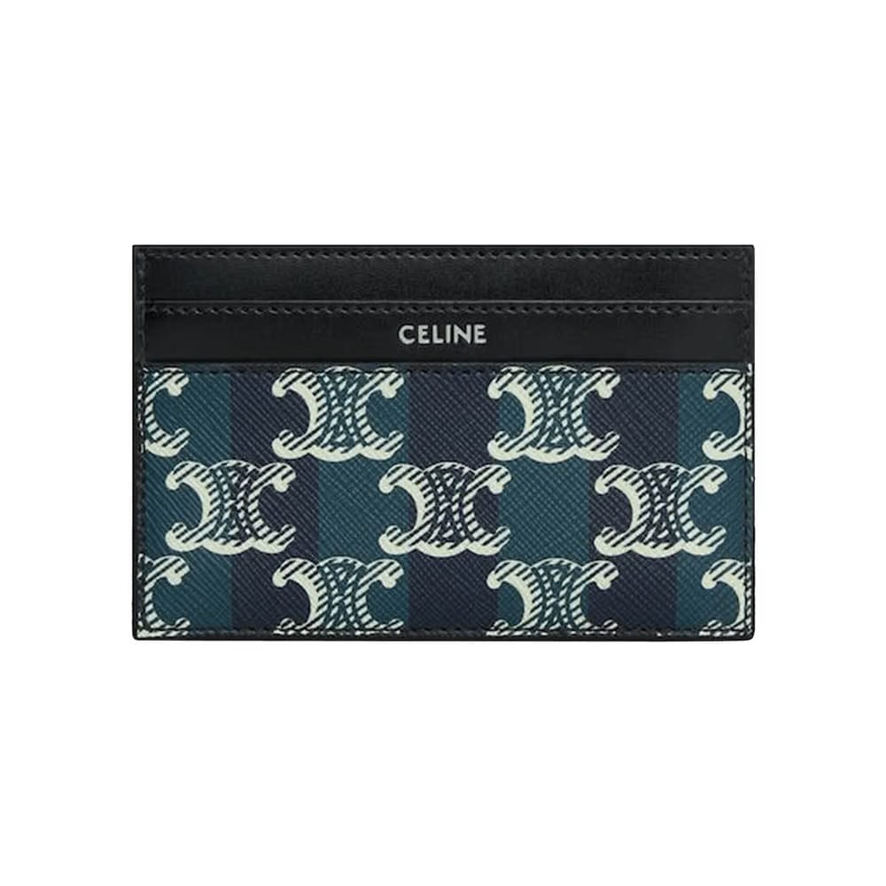 CELINE Medium Card Holder In Striped Triomphe Canvas And Calfskin Black/Navy Blue