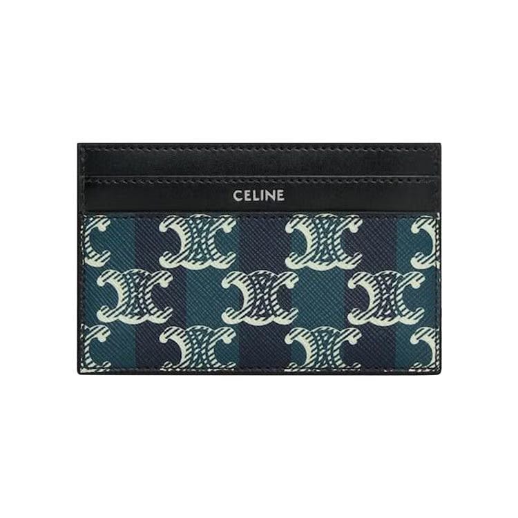 CELINE Medium Card Holder In Striped Triomphe Canvas And Calfskin Black/Navy Blue