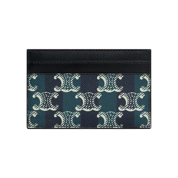 CELINE Medium Card Holder In Striped Triomphe Canvas And Calfskin Black/Navy Blue