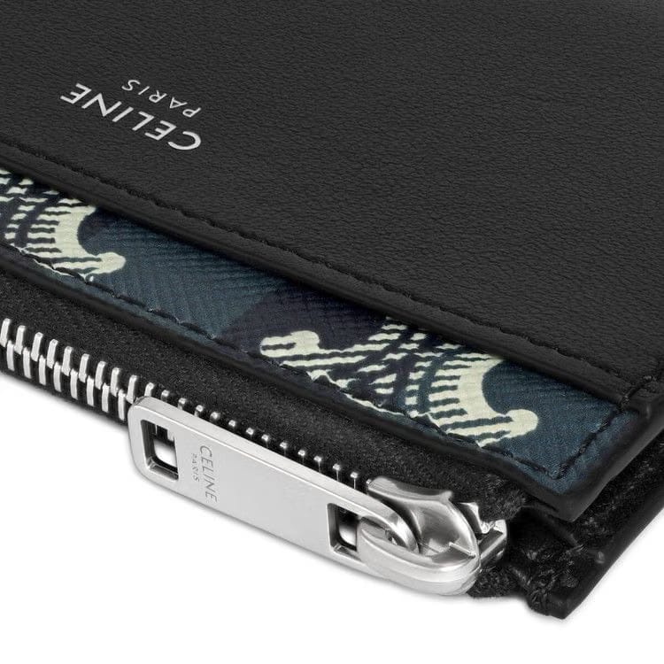 CELINE Zipped Card Holder In Striped Triomphe Canvas And Lambskin Black/Navy Blue