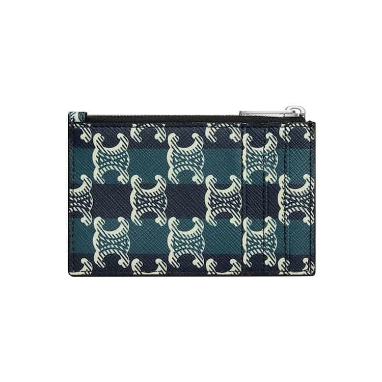 CELINE Zipped Card Holder In Striped Triomphe Canvas And Lambskin Black/Navy Blue