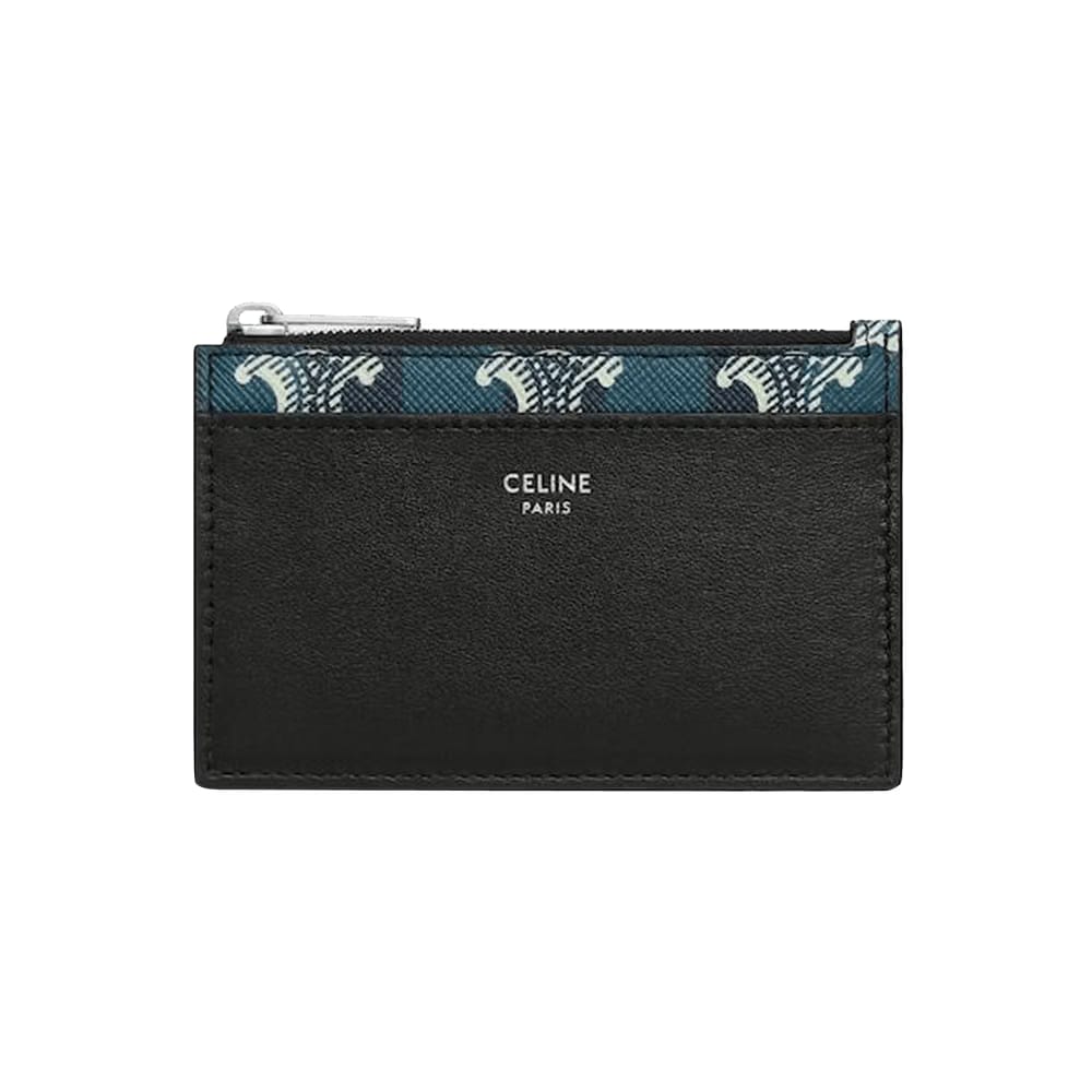 CELINE Zipped Card Holder In Striped Triomphe Canvas And Lambskin Black/Navy Blue