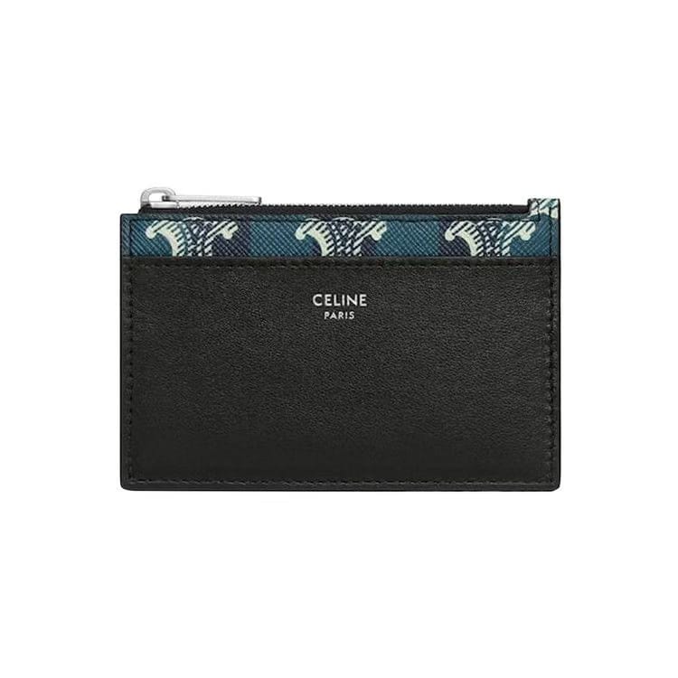 CELINE Zipped Card Holder In Striped Triomphe Canvas And Lambskin Black/Navy Blue