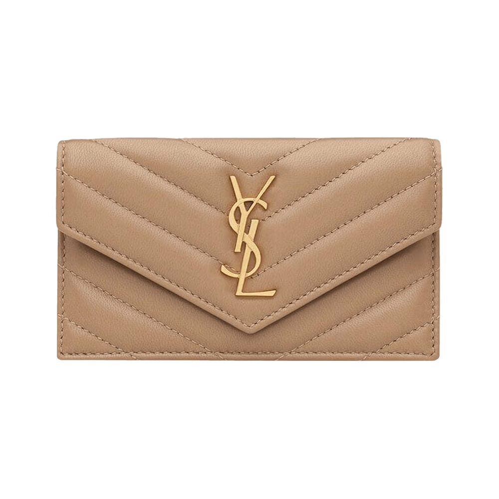 Saint Laurent Cassandre Fragments Flap Card Case In Lambskin Natural Tan