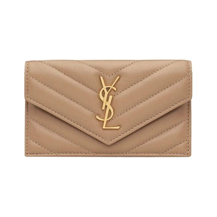 Saint Laurent Cassandre Fragments Flap Card Case In Lambskin Natural Tan