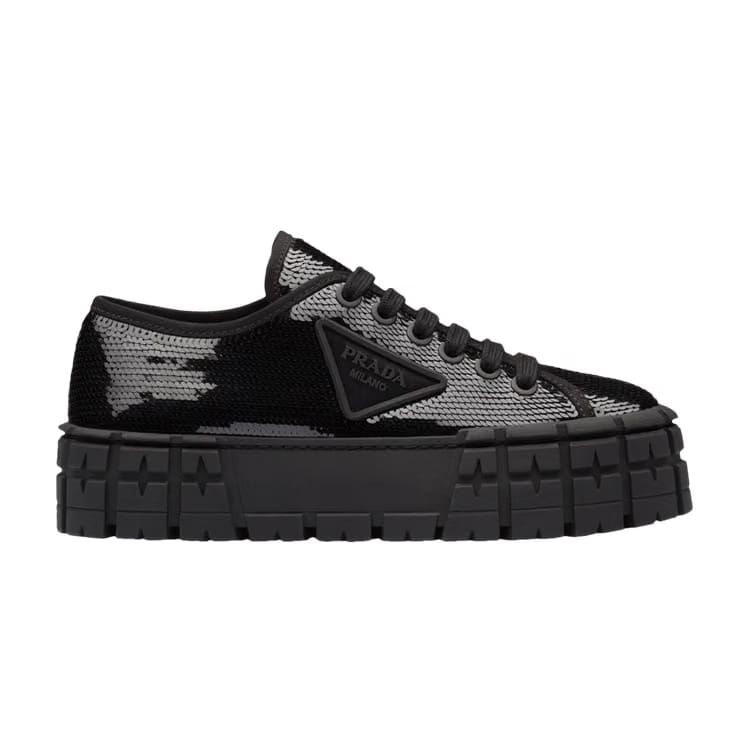 Prada Wmns Gabardine Double Wheel Platform 'Black Sequins'